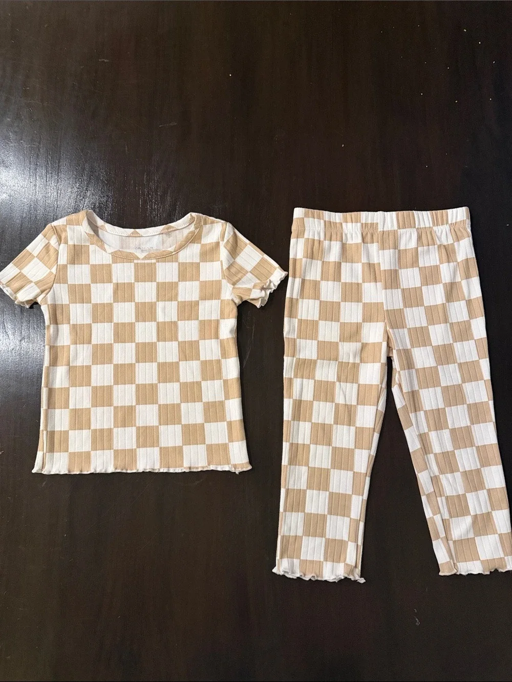 Tahari Beige Checkerboard‎ Ribbed Pajama Set Toddler Girl 2T